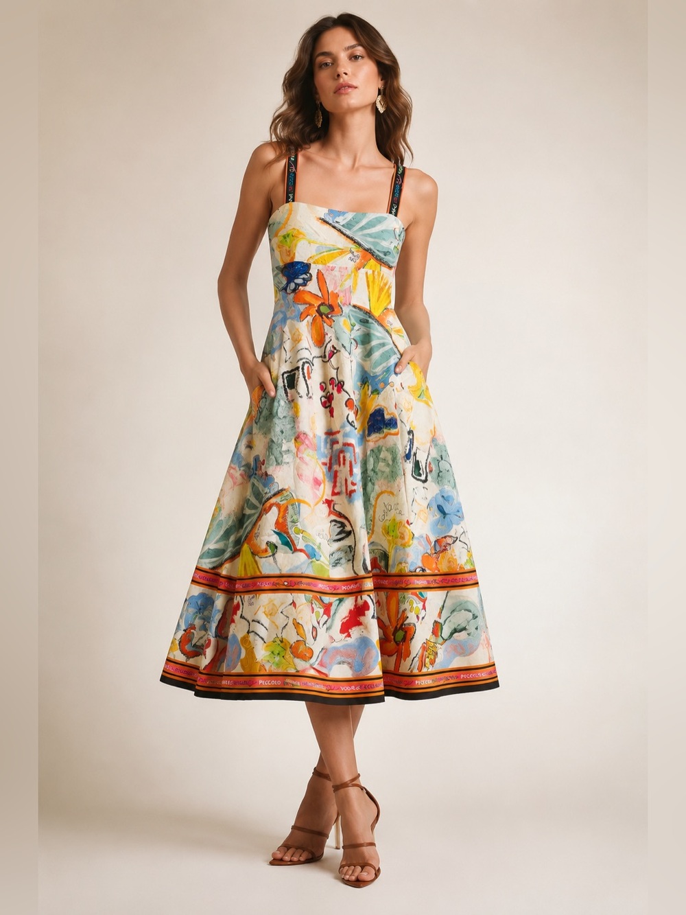 NWT Carolina Constas Abstract Floral Midi Dress Art Print Smocked Back Pockets S